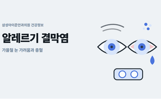 가을철 알레르기 결막염의 눈 가려움과 충혈을 설명하는 커버. 왼쪽에는 제목, 오른쪽에는 충혈된 눈과 눈물, 꽃가루와 냉찜질 도식이 배치되어 있습니다.